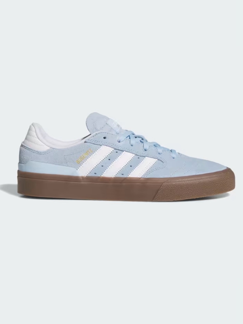 adidas Busenitz Light Blue and White Suede Skate Shoes with Brown Gum Sole